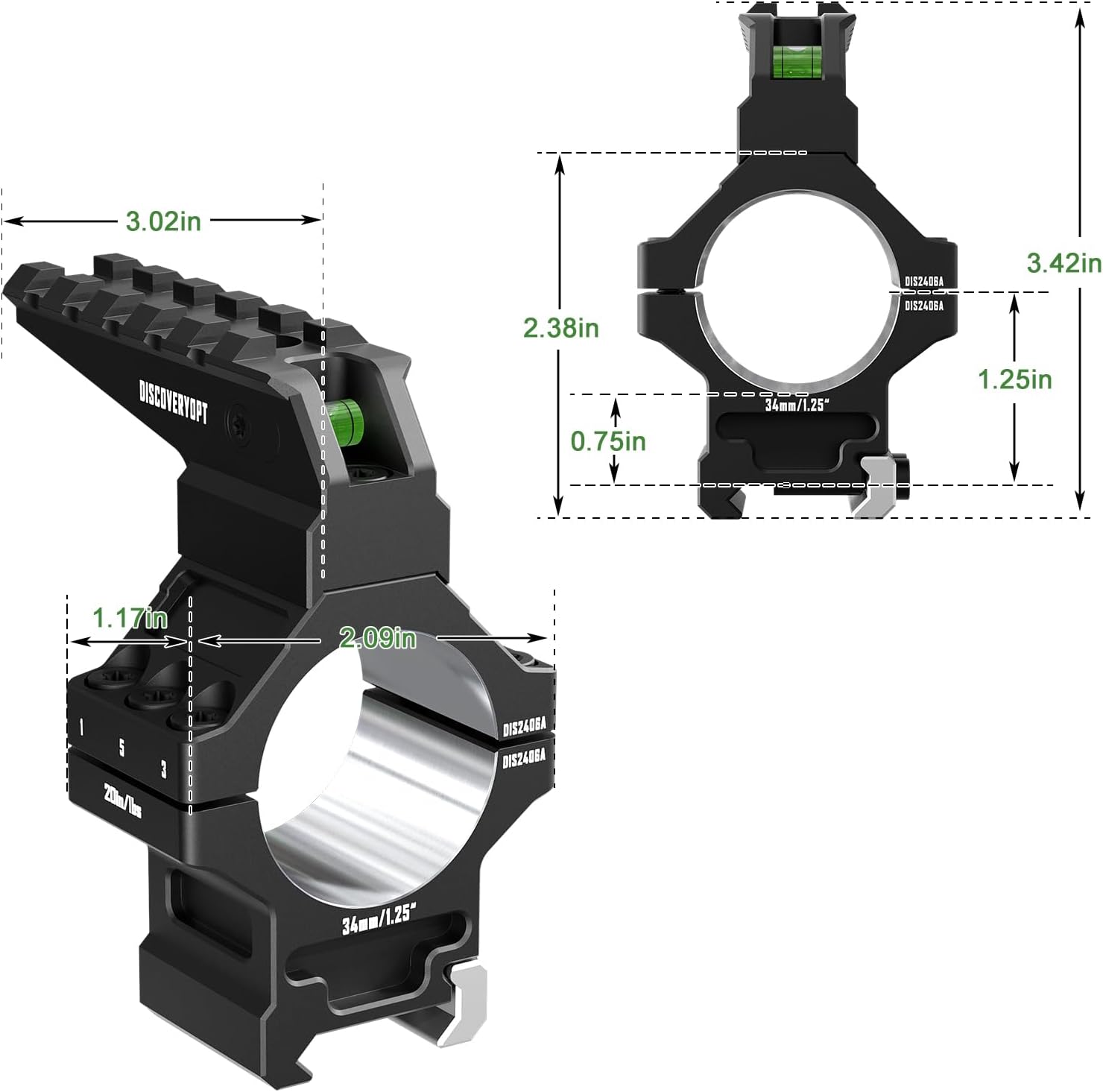 Heavy Duty Scope Rings-7075 Aluminum Precision Lapped Picatinny Mount with Bubble Level, Picatinny Rail, for Rifle Scope Mounting