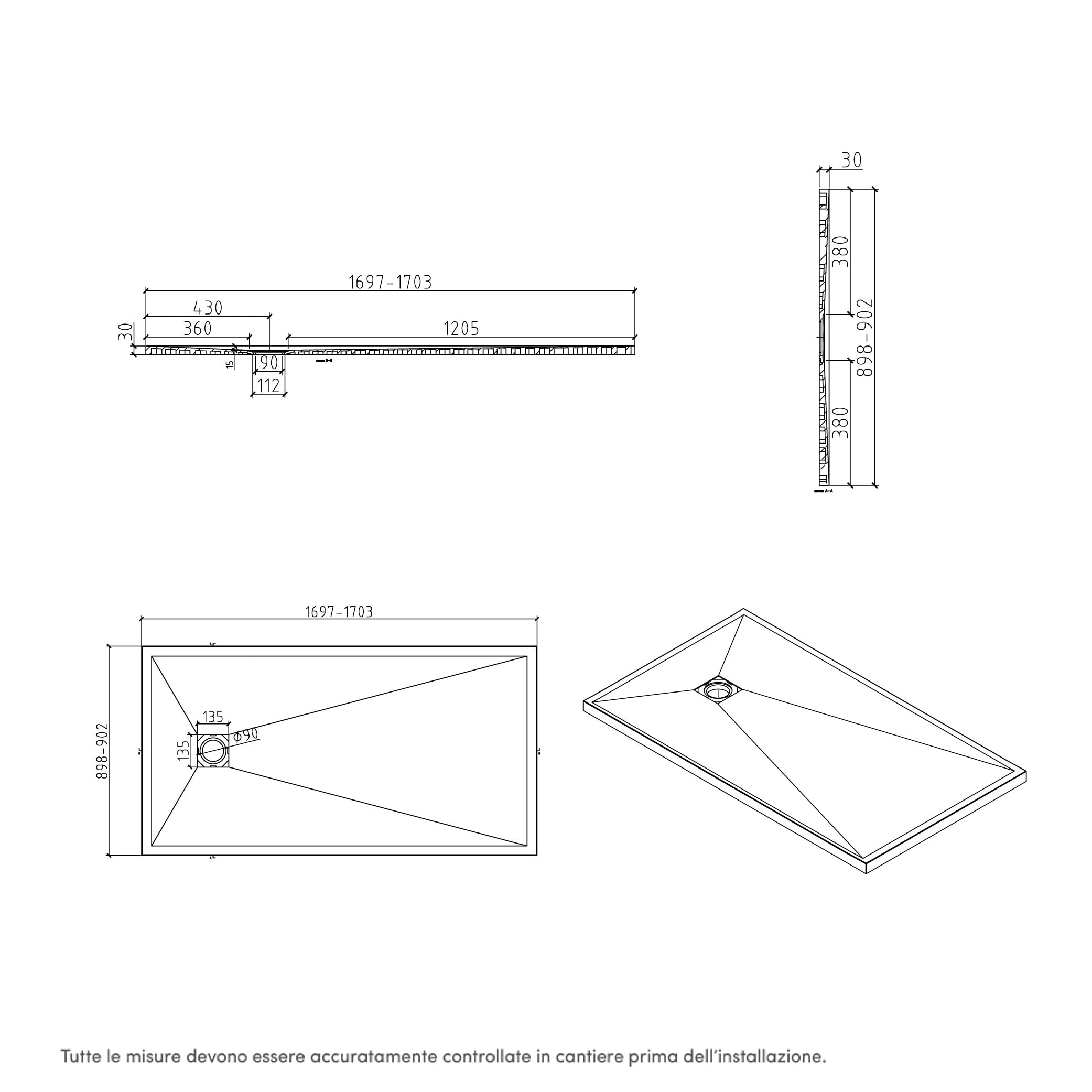 Piatto Doccia in Marmoresina Bianco Antiscivolo Effetto Pietra con Griglia Copripiletta h3cm (Bianco, 90x170)