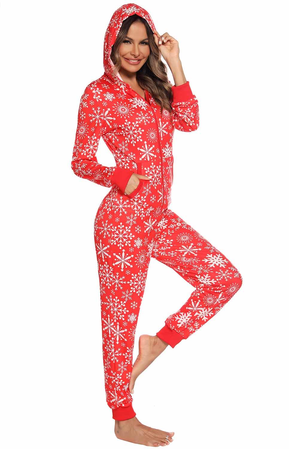 Damen Jumpsuit Onesie Overall One Piece Pyjamas Weihnachten Jumpsuit Hausanzug Schlafanzug Ganzkörperanzug Freizeitanzug Nachtwäsche Mit Kapuze & Reißverschluss