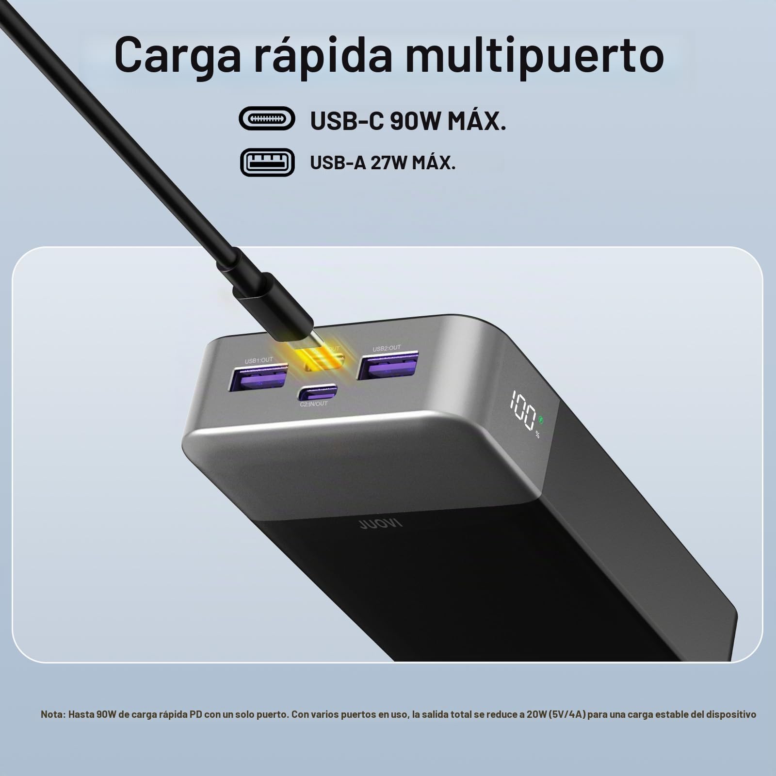 JUOVI 90W Batería Externa Carga Rápida, Power Bank para Portátil 20000mAh Cargador Portátil, Batería Portátil con 2 Puertos USB-C y 2 USB-A, Powerbank para MacBook iPhone 17/16/15, Samsung (Negro)