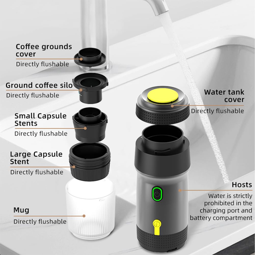 Cafetera portátil expreso, 3 en 1 de viaje recargable de 12 V, compatible con cápsulas, cafetera eléctrica inalámbrica para camping, viajes, RV, senderismo, oficina (Negro)