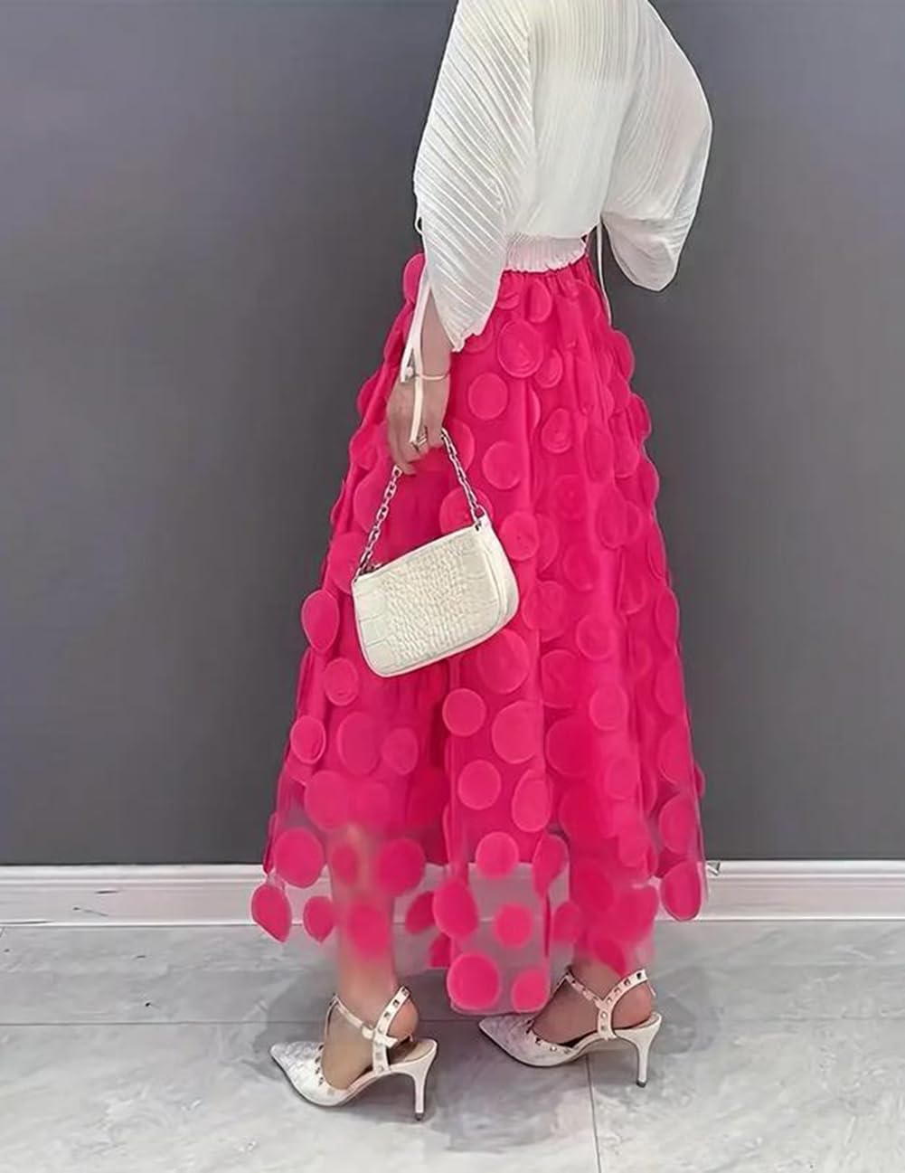 Tulle Skirt Women 3D Polka Dot Elastic Waist Mesh Flowy A-Line Midi Skirts Wedding Halloween Party Outfit - Image 4