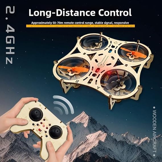 1PCS DIY Wooden Quadcopter Stable Hovering LED Lights Remote Control Three-Speed Settings 24x19x5cm for Beginners Night Flight STEM Activity