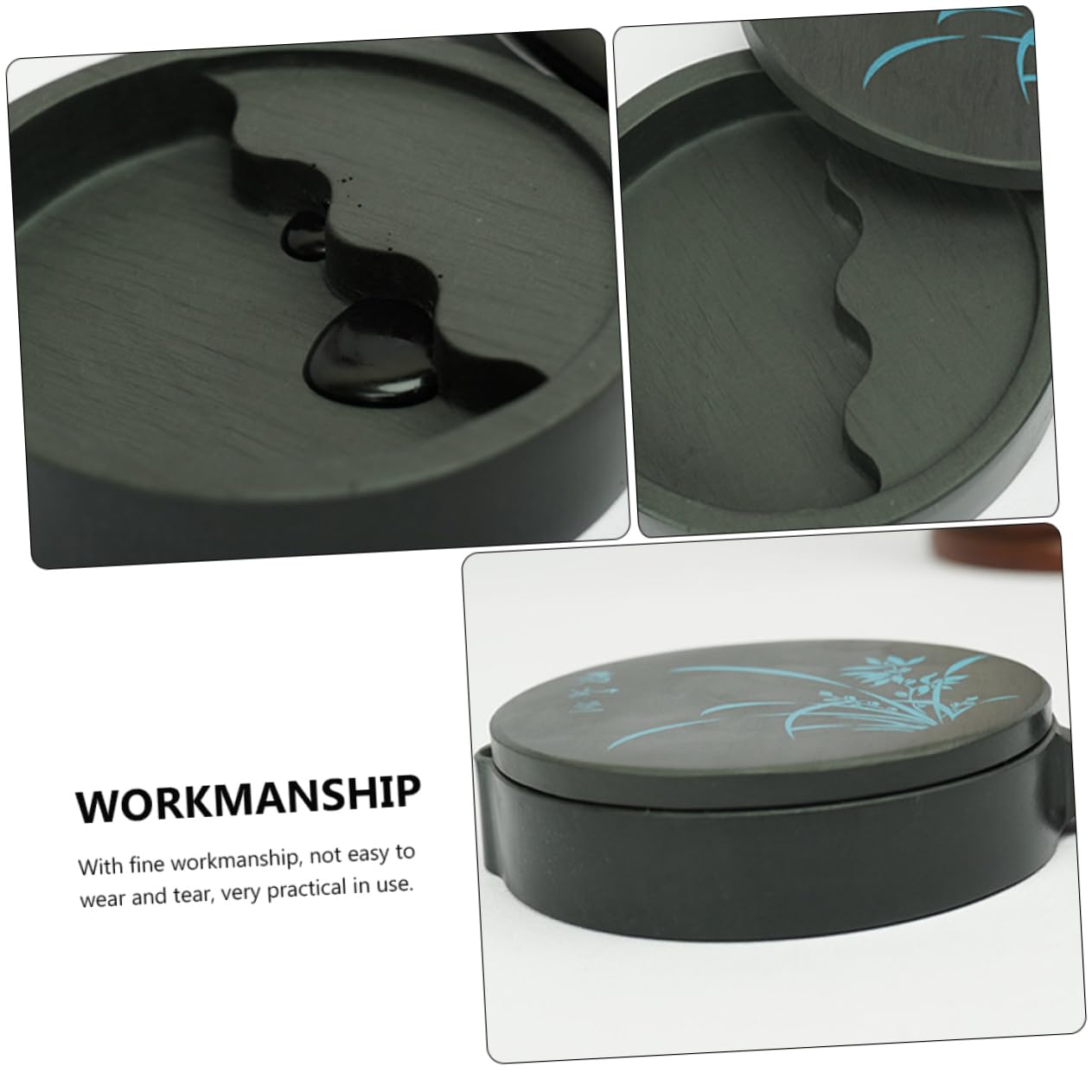 Inkstone Cinese a Forma di Pesce 4 Pollici in Pietra Naturale | Design Orchidea Coperchio, Nero, Stile Semplice, Accessorio per Pittura e Calligrafia