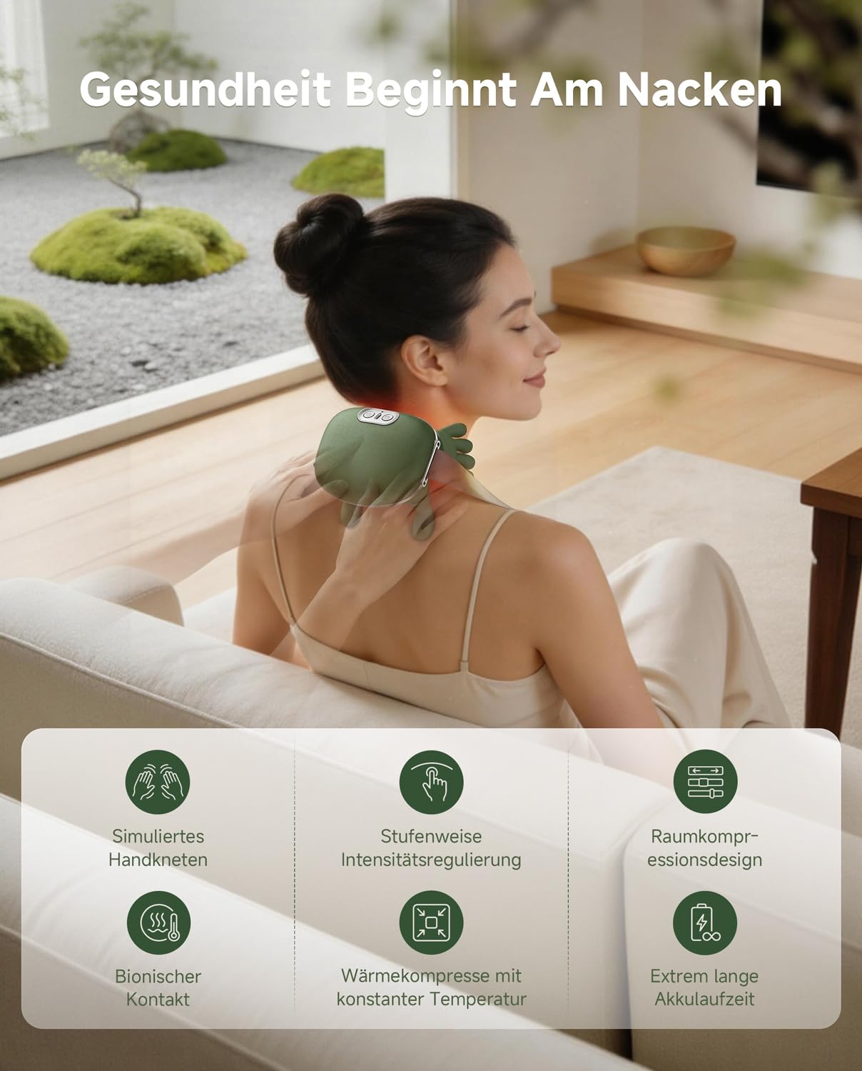 Massagegerät, 4D Nackenmassagegerät mit Wärme, Tragbares Nacken, 3 Modi und 2 Heizstufen, USB Elektrische, Entspannt die Muskeln und lindert Müdigkeit, für Zuhause & Büro, Grün