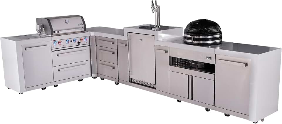 Mont Alpi Premium 4-Burner 82"x156" L-shaped 400 Deluxe Stainless Steel Modular Outdoor Kitchen Island BBQ Gas Grill with Infrared Side & Rear Burners + Kegerator + Kamado + Storage Drawers & Cabinets