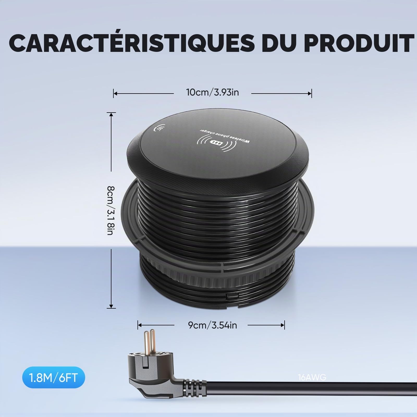 Prise de table escamotable ronde 80 mm avec couvercle, prise de type E (FR), USB-C PD 20 W et USB-A, charge sans fil 15 W, prise encastrée, noire, pour bureau et meubles, câble de 1,5 m