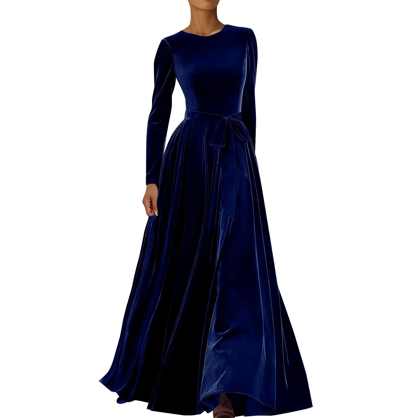 Robe en velours à manches longues hiver chic tendance avec ceinture - 5