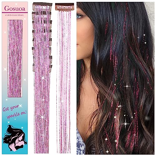 Gosuoa Pack of 8 Pcs Hair Tinsel Clip in, 19.6 Inch Heat Resistant Tinsel Hair Extensions Clip in, Pink Hair Tinsel, Sparkle Fairy Hair Tinsel Kit for Women Girls Hair Accessories(Pink)