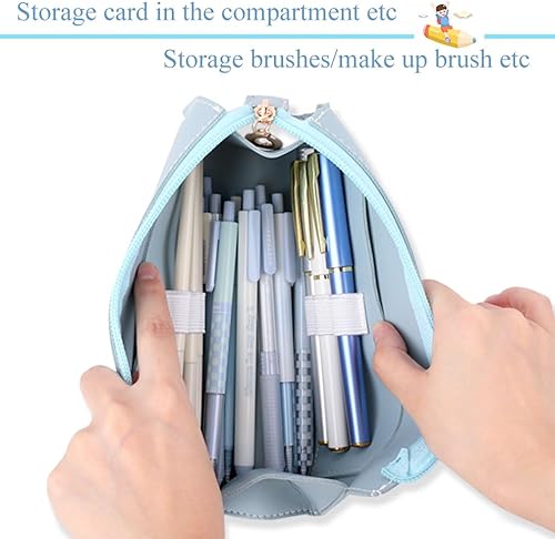 Miniatura 4 de iSuperb Estuche de cuero para lápices de PU con cremallera, bolsa de maquillaje para cosméticos para viajes de oficina (azul)