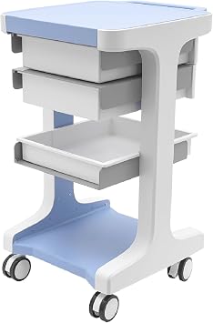 3 Tier Medical Rolling Cart with 2 Drawers Professional Utility Cart Beauty Salon Rolling Trolley with 4 Wheels Ultrasound Cart Mobile Storage Cart for Hospital Clinic, Max 110lbs Load Blue&White