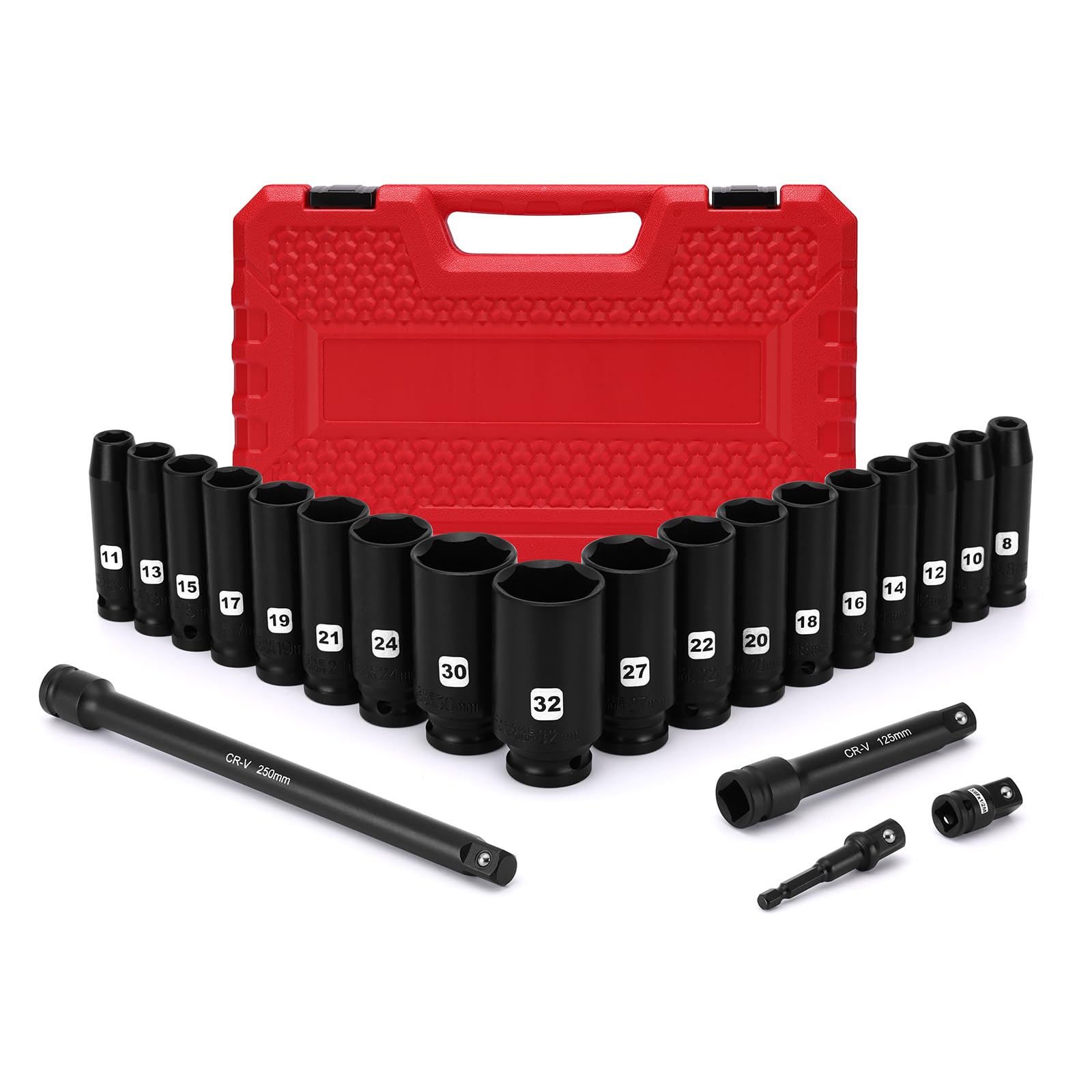 MIXPOWER 22-Piece 1/2" Drive Deep Impact Socket Set, 8mm to 32mm, Metric, 6 Point, with Extension Bars and Adapter, CR-V
