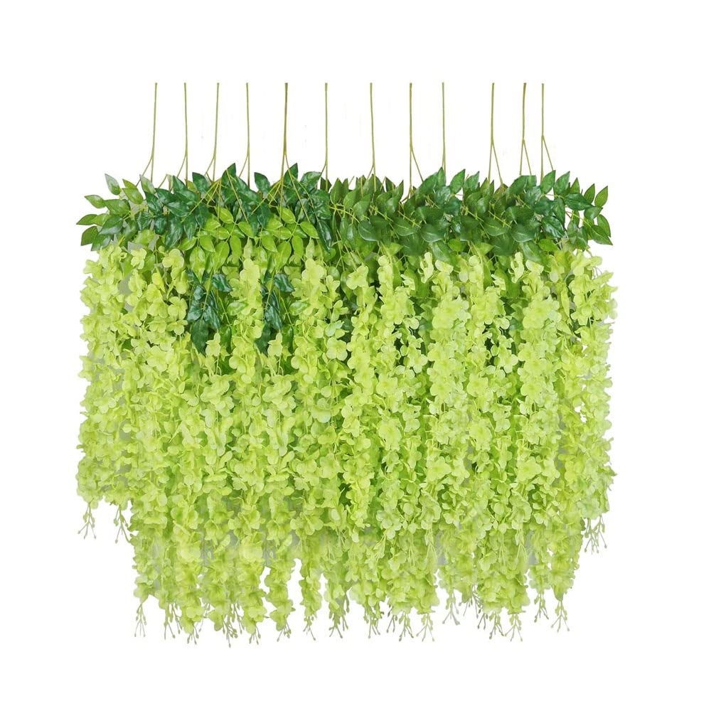 SZJH 12pcs 3.6 Feet/Piece Artificial Fake Wisteria Vine Ratta Hanging Garland Silk Flowers String Home Party Wedding Decor (Green)