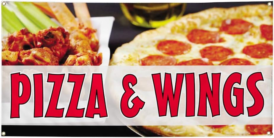 Vinyl Banner Multiple Sizes Pizza & Wings Outdoor Advertising Printing G Restaurant & Food Outdoor Weatherproof Industrial Yard Signs Red 4 Grommets 24x36Inches