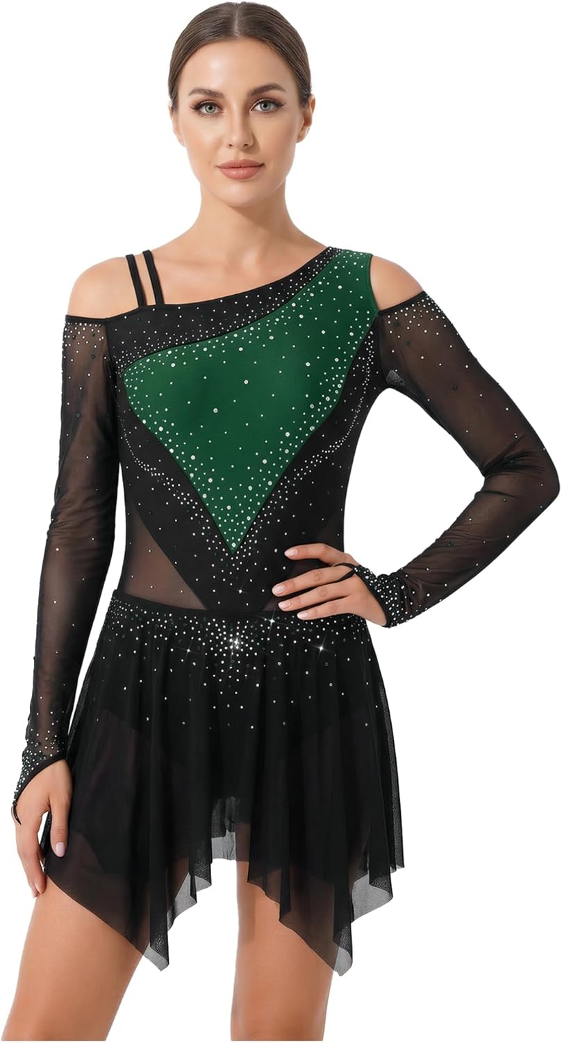 YiZYiF Figure Ice Skating Dress for Women Long Sleeve Shiny Rhinestones Roller Skating Lyrical Dance Costume