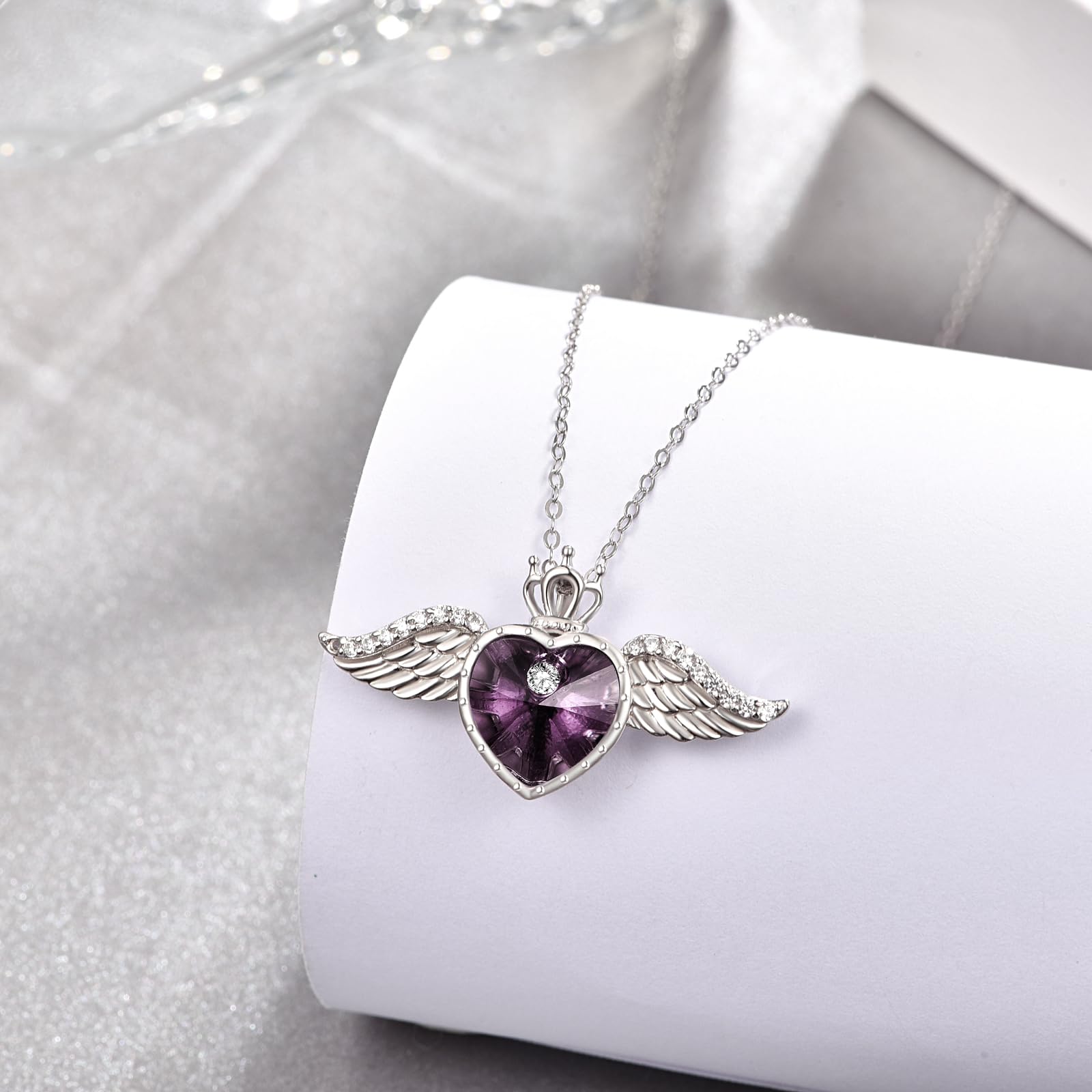 TANGPOET Engelsflügel Halskette 925 Sterling Silber Liebe Herz Kristall Kette Königin Krone Anhänger Geburtsstein Schmuck Geschenk für Frauen Mädchen mit Geschenkbox