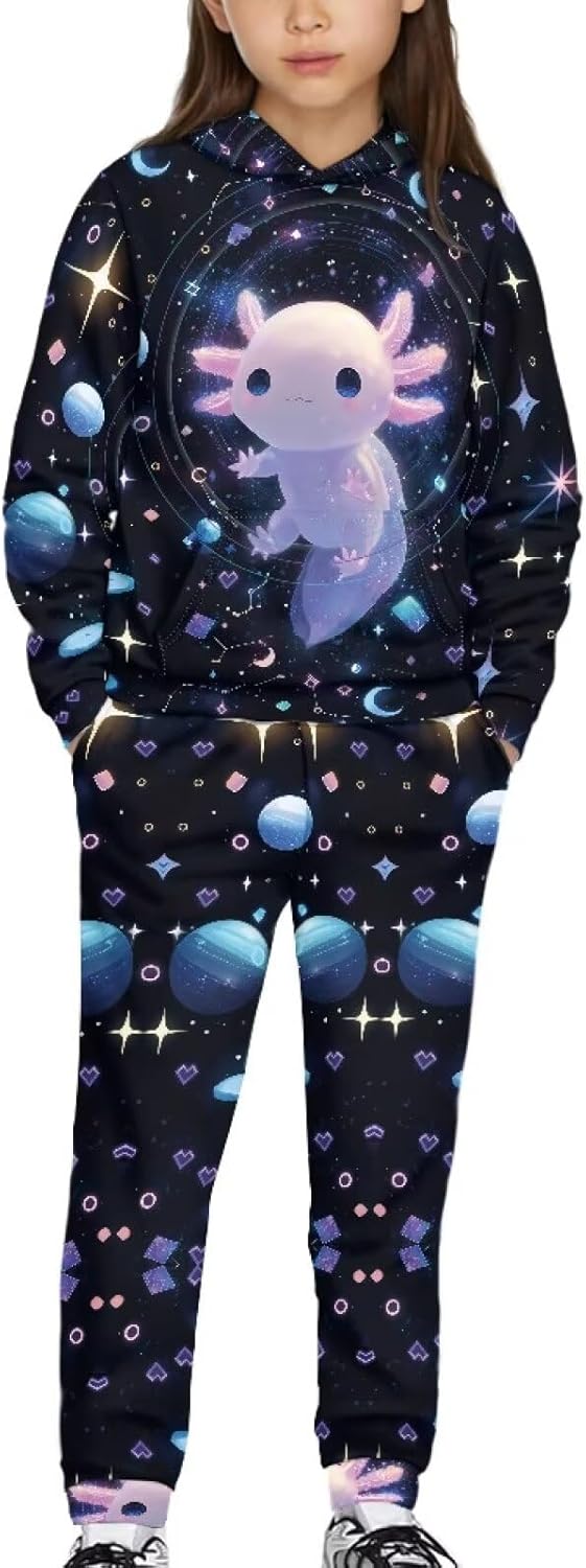 Yuuxorilu Girl's Casual 2 Piece Outfits Graphic Long Sleeve Hoodies Sweatshirts and Sweatpants Set