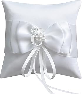 HANIUTTY Hochzeitskissen Ehering Hochzeit Träger Kissen Ring Rustikal Hochzeit Kissen Ehering aus Spitze mit Perlen Farbe Elfenbein (10 x 10 cm)