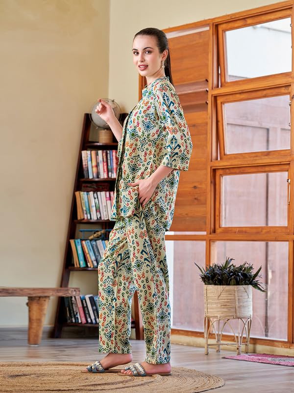 Image of Cotton Relaxed Fit Shirt & Trouser Co-Ord Set for Women |Front Openable Button and 3 /4 Sleeve Shirt |Two Pockets and Elasticated Waist Trouser | Casual Wear and Everyday Wear