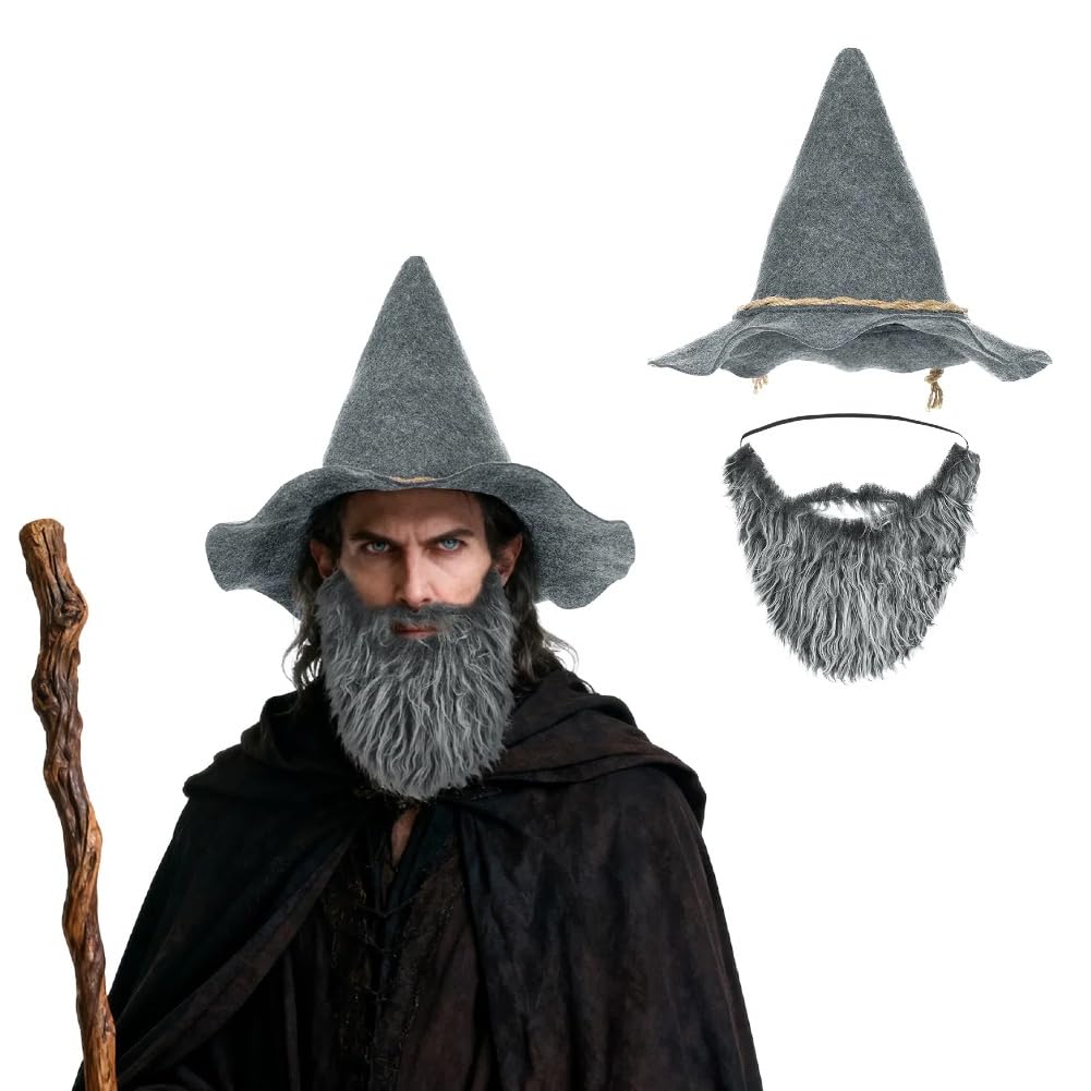 haozaikeji Adults Wizard Costume Accessory Set, 2Pcs Felt Wizard Hat and Fluffy Beard for Men Women Fancy Dress Cosplay Costume Accessories for Halloween Party Dress Up Carnival Festival — image 1