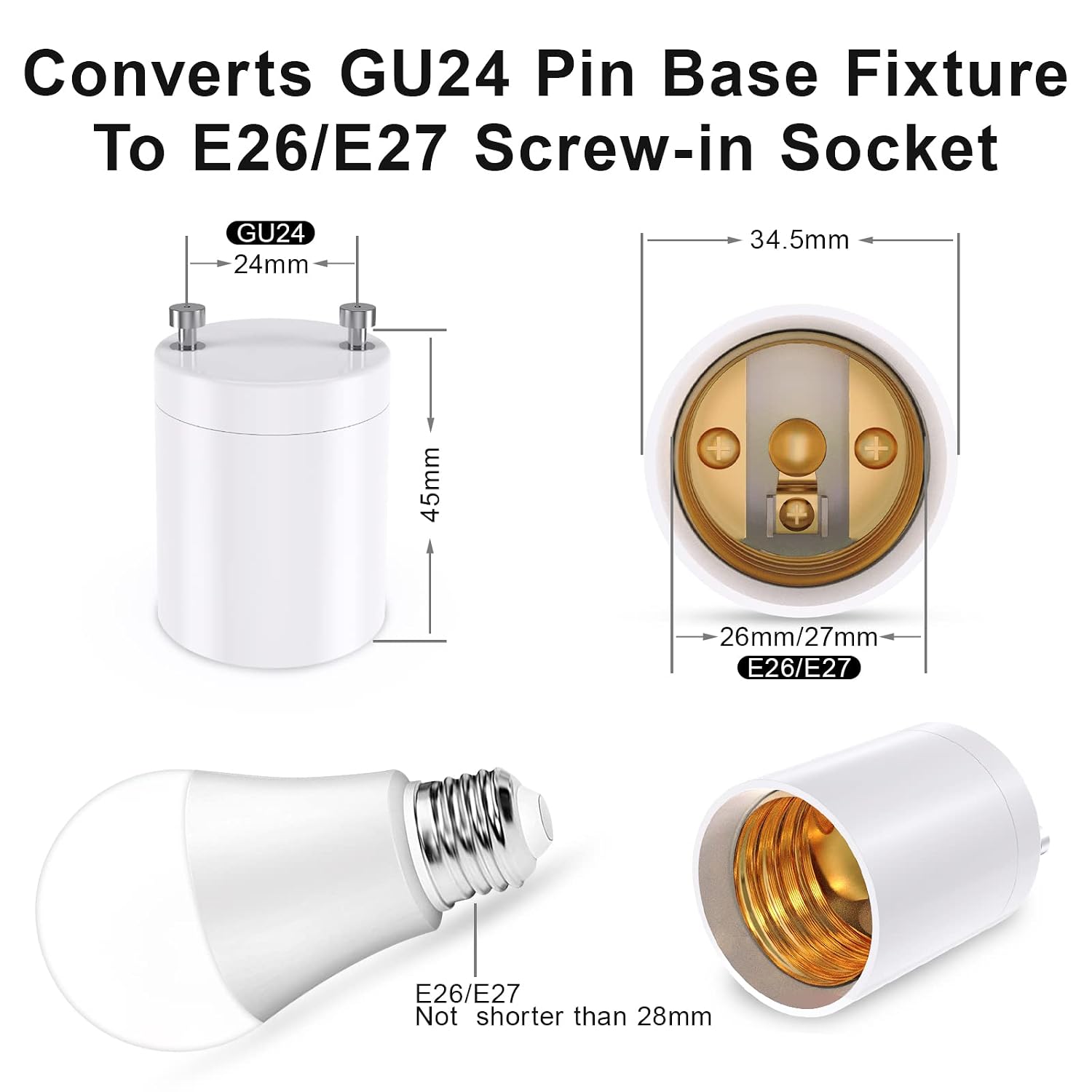 4 Pack Wixann GU24 to E26 Adapter Converts, Up to 392℉ Heat Resistant Converts GU24 Bi-Pin Based Fixture to E26 E27 Standard Screw-in Socket Adapter