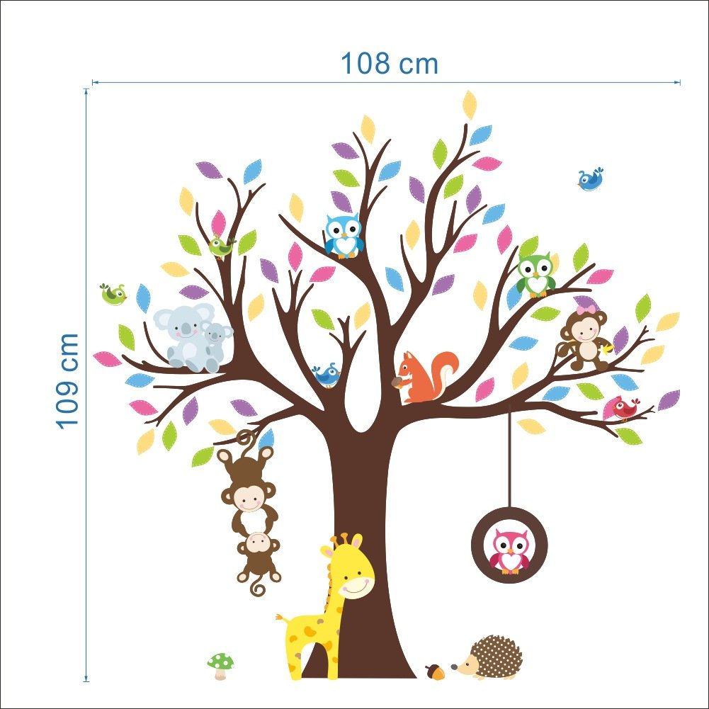 Cartoon Monkey Owls Tree Jungle Animal Theme Wall Art Decal Sticker Mural Decoration for Living Room Nursery Baby Girl Boy Kids Children's Room Bedroom Decor