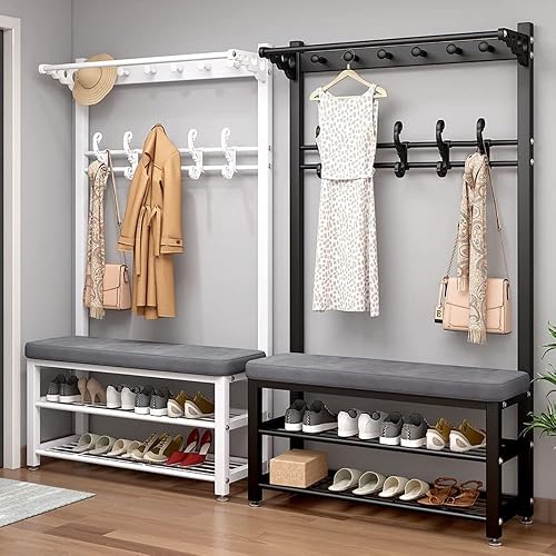 angrounps Coat Rack Stand Metal with Bench, Modern Industrial Hall Tree with Hooks and 2-Tier Shoe Stand, Free Standing Coat Tree, Entryway Storage Shelf, for Living Room Hallway - 2