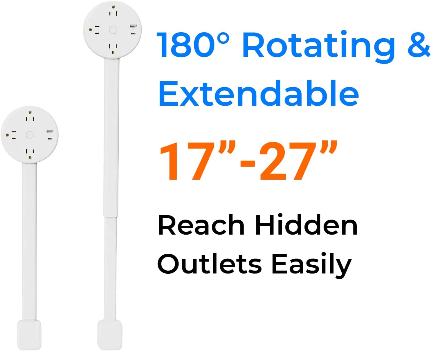 180° Rotating Outlet Extender Stick, Extendable 17"-27" | 2 AC Outlets + USB-A & USB-C Ports | Plug Extender for Hard-to-Reach Outlets Behind Couches, Desks & Beds (Round)