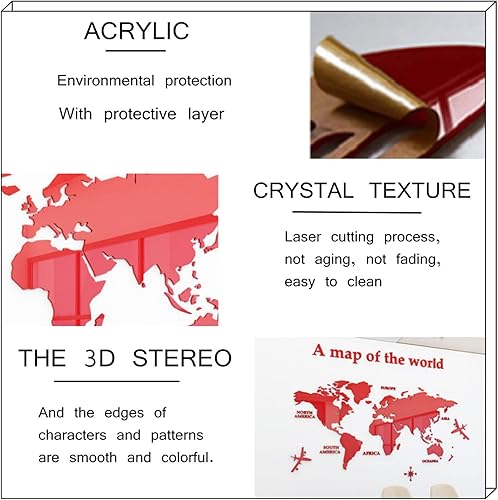 Miniatura 3 de WINDIR Calcomanías de pared de mapa del mundo 3D, murales de decoración de bricolaje, calcomanías plateadas, 47 x 24 pulgadas, decoración de pared