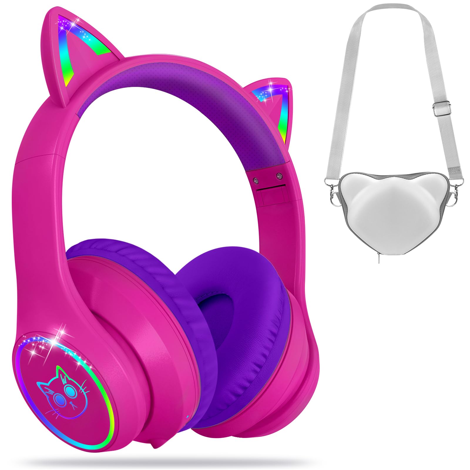 Bluetooth Kinder Kopfhörer mit Tasche, Kopfhörer Kabellos und Kabel Bluetooth für Kinder mit LED-Leuchten, Katzenohren ,Faltbar Einstellbar Over Ear Kopfhörer Kinder für Schule, Reisen (Knallpink)