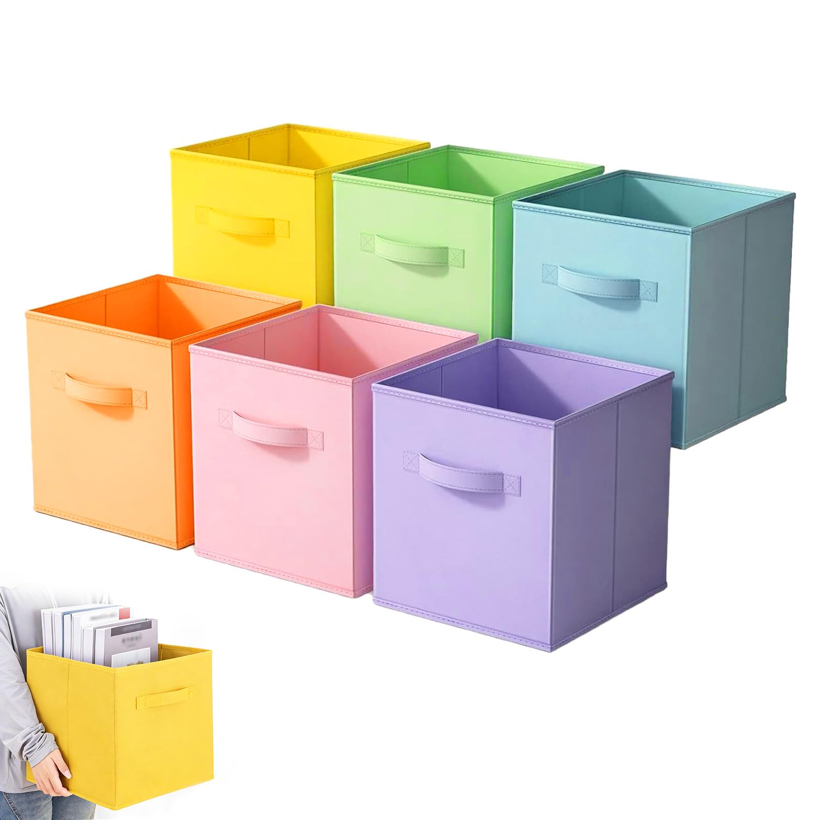 Llhong Macaron 6 Pack Collapsible Cube Storage Boxes，28X28x28cm，Foldable Storage Cubes For Organizing，Cube Organizer Boxes With Handles For Shelves，Closet，Playroom，Home (Macaron)