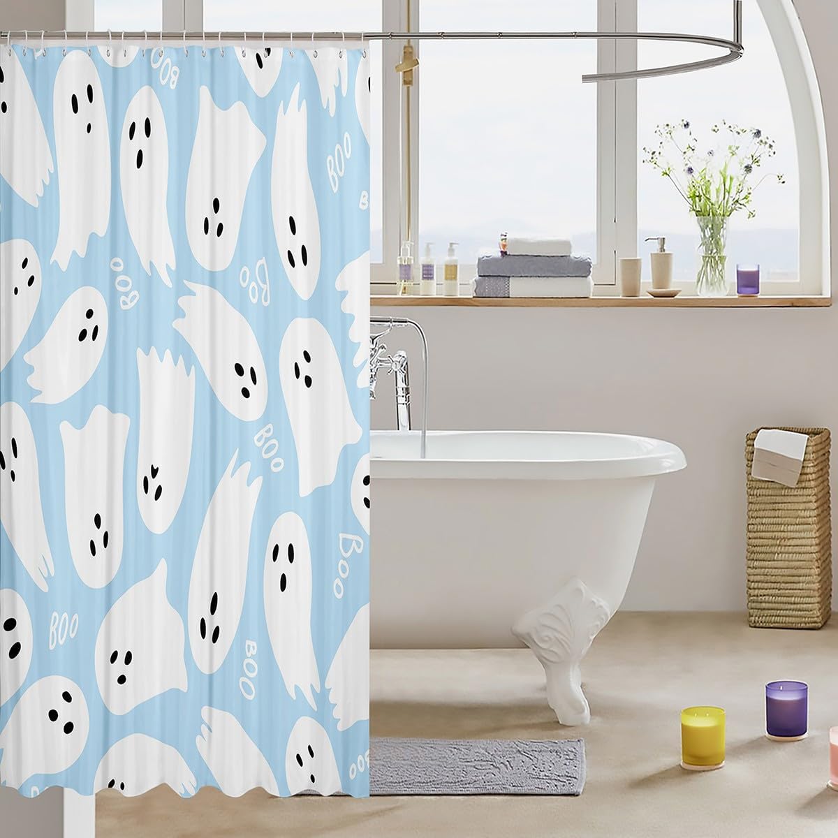 Castle Fairy Light Blue Watercolor Bathroom Curtains for Kids Teens Adults,Halloween Trick or Treat Shower Curtains,Kawaii Cute Ghost Bath Curtains with 12 Hooks,Waterproof,72" W x 78" L