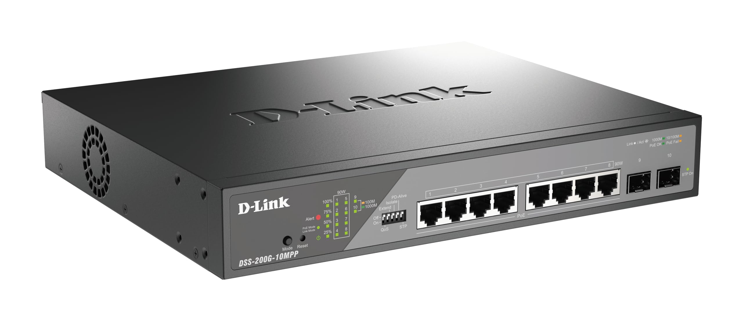 D-Link DSS-200G-10MPP Smart Switch 10 Ports Gigabit PoE++ pour vidéosurveillance, 8 Ports PoE+ 1000BASE-T et 2 Ports SFP, 802.3af/at/BT, Budget PoE 242 W, Extension de 250 m, sans Ventilateur, ONVIF