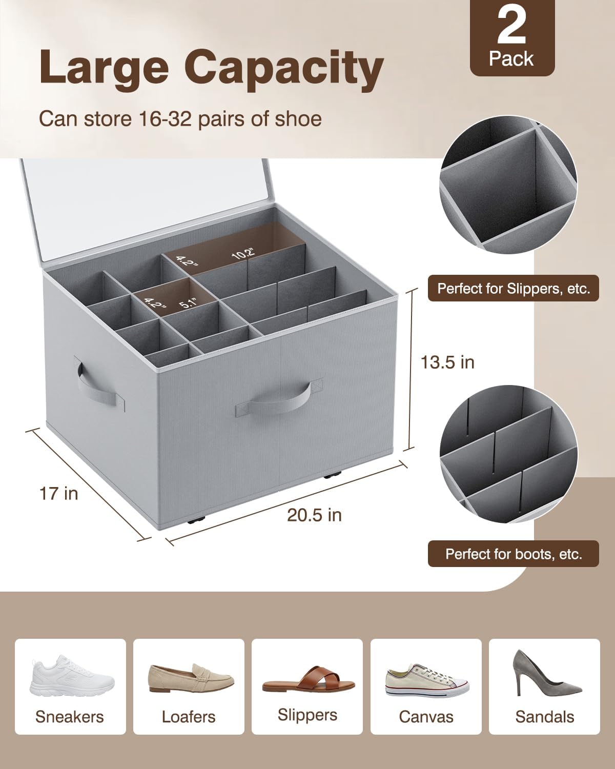 HOUSE AGAIN Shoe Organizer for Closet, 2 Pack Shoe Storage Organizer with Wheels, Foldable Shoe Storage Box with Adjustable Dividers and Clear Cover, Reinforced Handles, Fits up to 16-32 Pairs, Gray