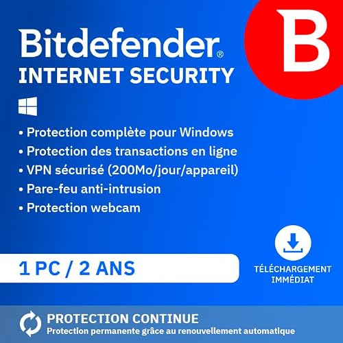 Bitdefender Internet Security 2026| 1 Appareil | 2 Ans | PC | Code d’activation par email | Renouvellement Automatique