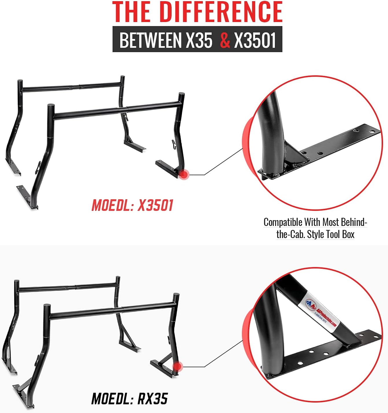 AA-Racks 800Ibs Capacity Extendable Steel Pick-Up Truck Ladder Rack Two-bar Set with Unique Design for Tool Box Mounting - Matte Black (USPTO Patent Pending)