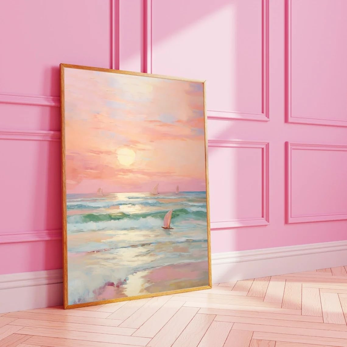 Póster de lienzo con diseño de atardecer en tonos pastel, rosa rubor, playa costera, océano, arte mural bohemio para sala de estar, decoración moderna para el hogar (50x70cm/marco interno)