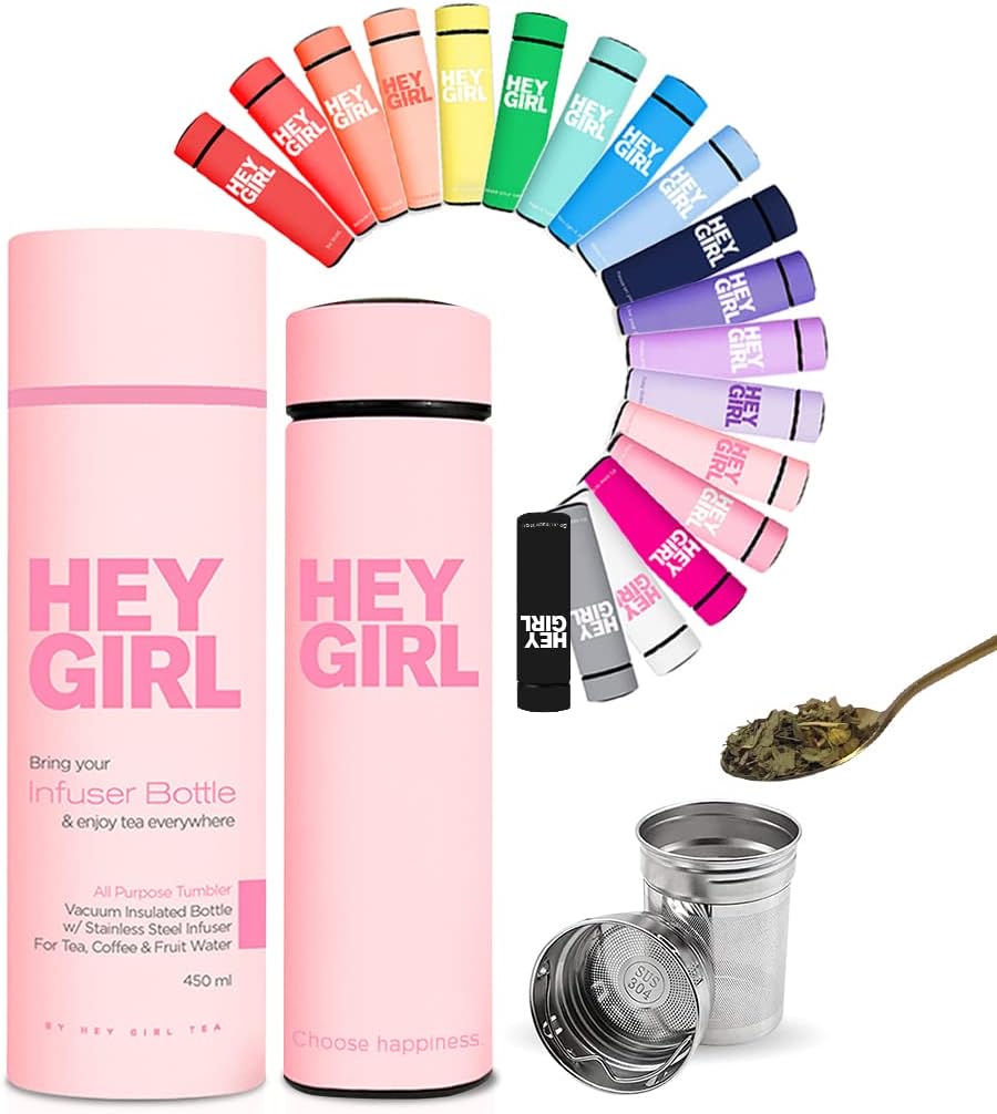 Hey Girl Tea Infuser Bottle 450ml - Insulated Stainless Steel Water Bottle - Tea Tumbler with Tea Diffuser - Portable Travel Mug for Loose Leaf Tea & Infused Water - Tea Lovers Gifts for Women