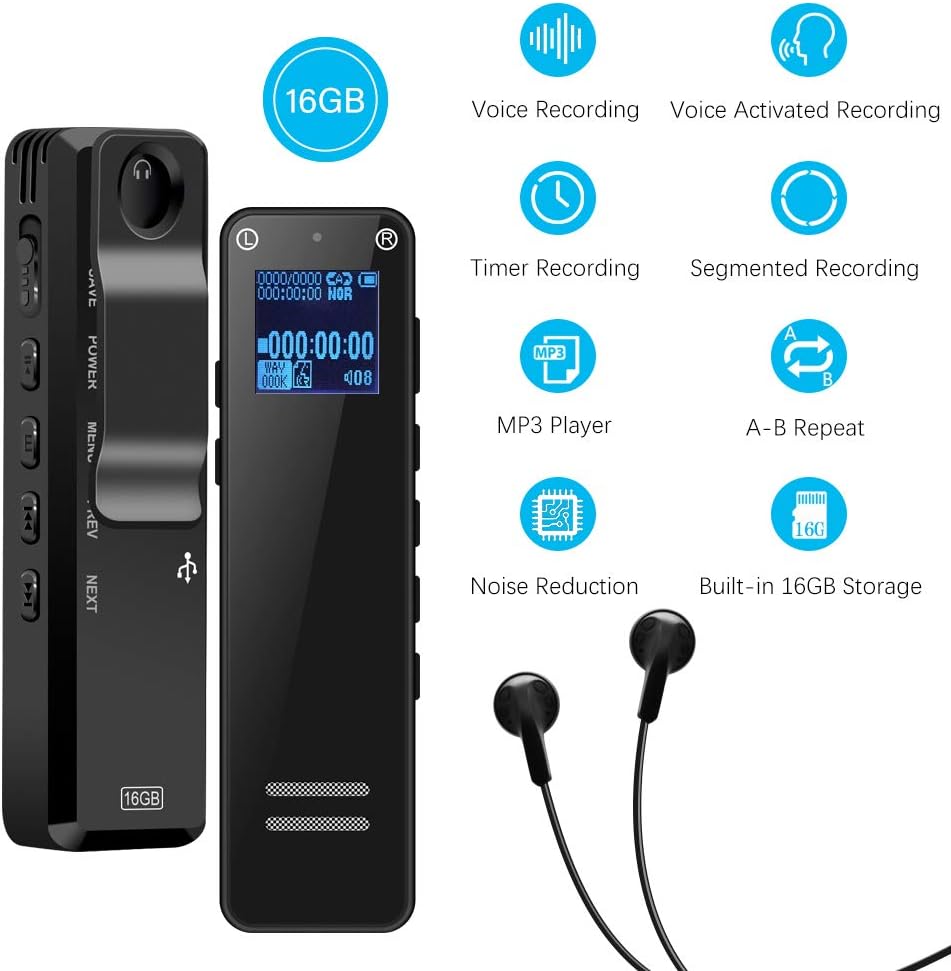 Digital Voice Recorder, Veroyi 1536Kbps 16GB Voice Activated Recorder with A-B Repeat Playback Noise Reduction MP3 Player Sound Recording for Lectures Meetings Interviews