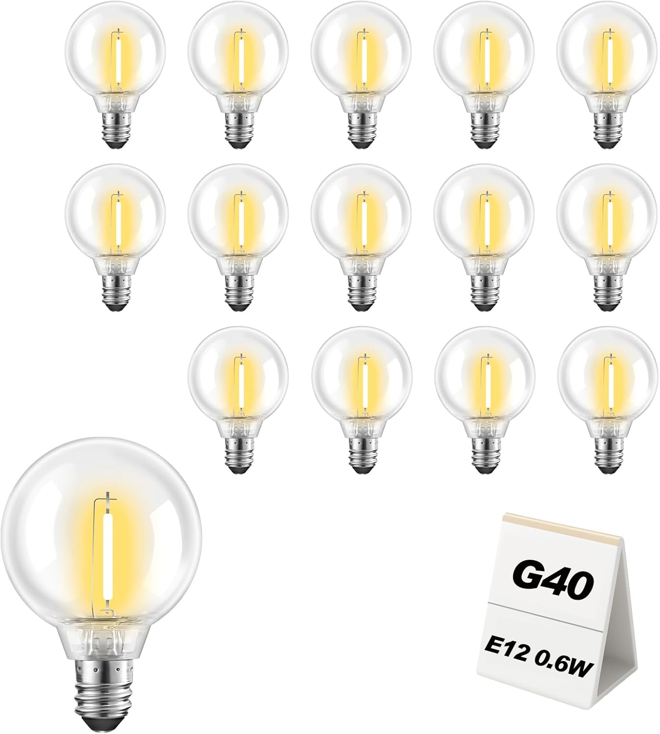 15-Pack G40 LED Replacement Light Bulbs Shatterproof Waterproof 0.6W E12 Base 2700K Warm White Globe Bulbs for Outdoor String Lights Patio Garden