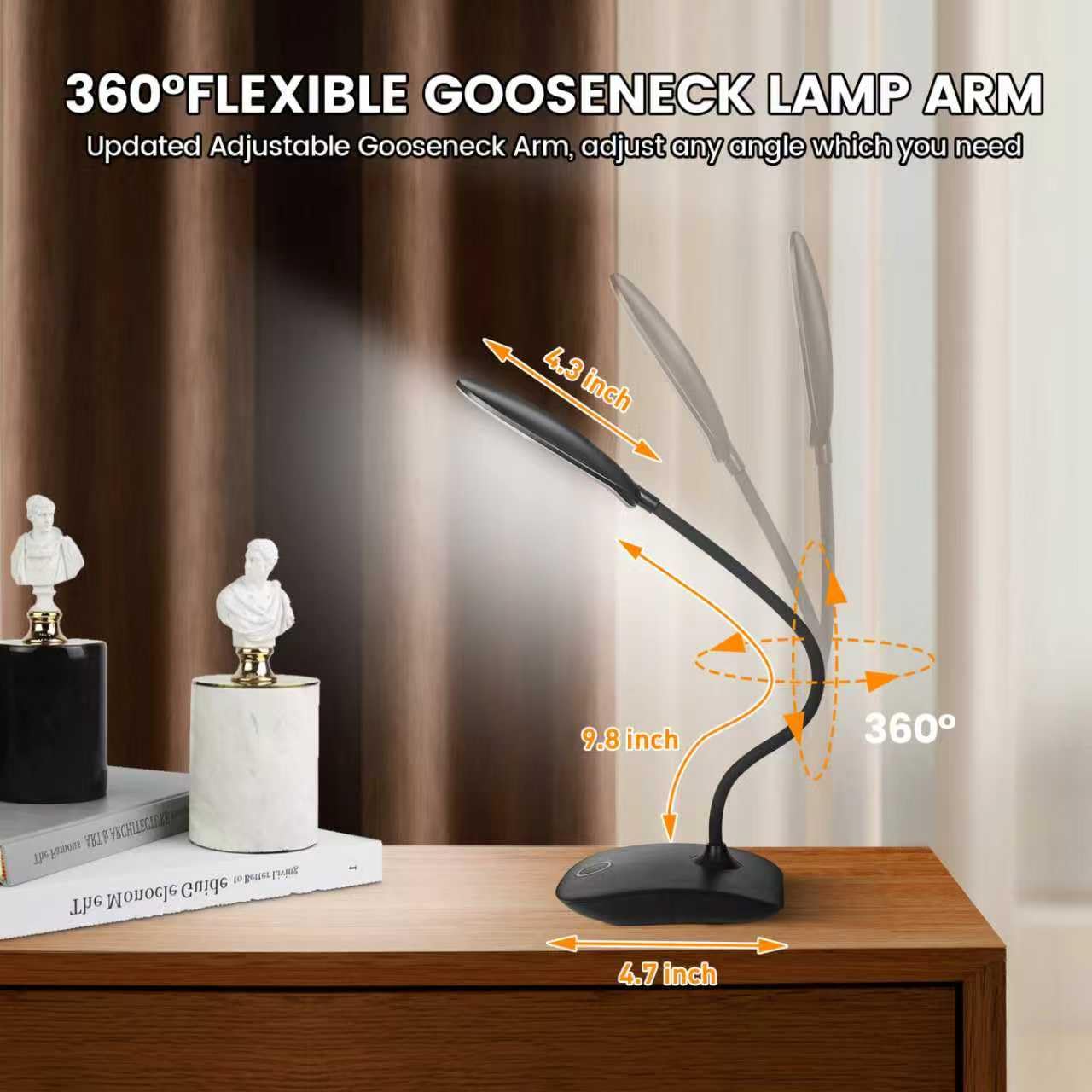 Lámparas de escritorio LED recargables, 3 modos de color, atenuación de control táctil, portátil, batería de 2000 mAh, paquete de 2 (negro)