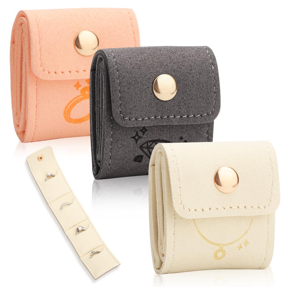 HUNGBAN 3Pcs Mini Travel Jewellery Bags, Foldable Suede PU Leather Jewellery Pouch Set, Compact Jewellery Organiser for Rings, Earrings & Necklaces, Ideal for Wedding & Birthday