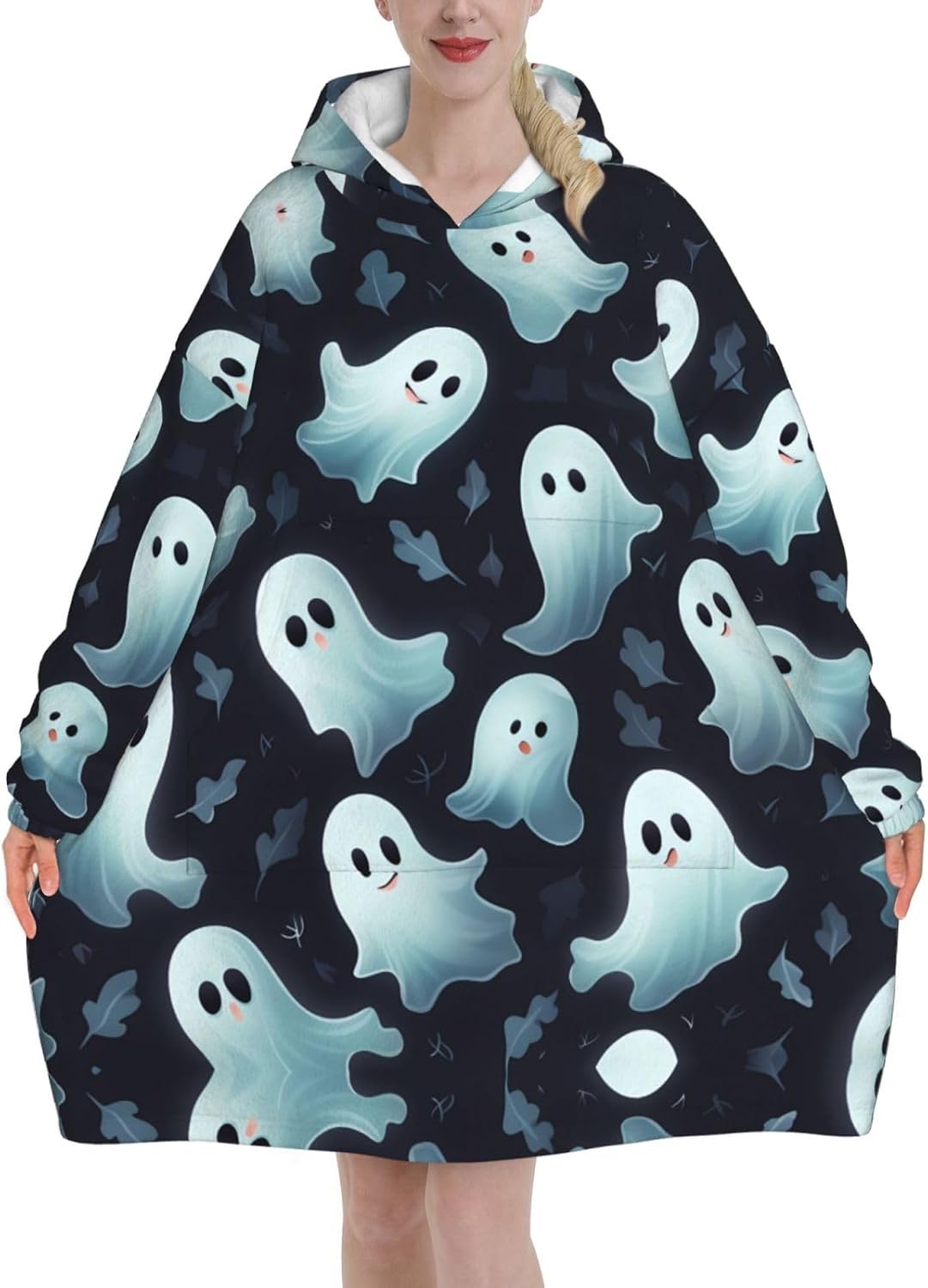 MUSM Cute White Ghost Halloween Pattern Print Blanket Hoodie Fleece Sweatshirt Blanket With Sleeves And Pockets