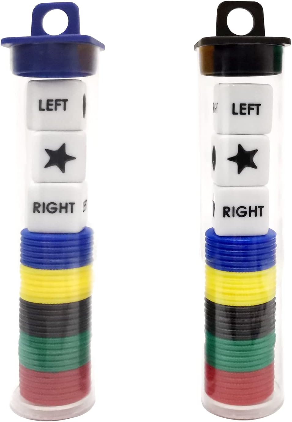 Ahoper Left Right and Center Dice Game Prime Set Bundle with 3 Dices + 30 Chips - 2 Sets Assorted Colors Round Tube Storage is Very Convenient for Travel. Easy to Store, Carry Around.(2 Pack)