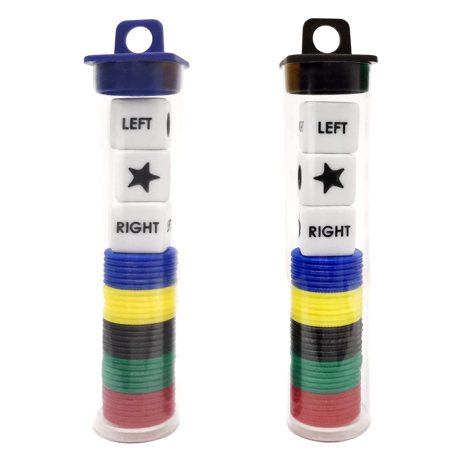 Left Right Center Dice Game Prime Set Bundle with 3 Dices + 30 Chips - 2 Sets Assorted Colors Round Tube Storage is Very Convenient for Travel. Easy to Store, Carry Around.(2 Pack)