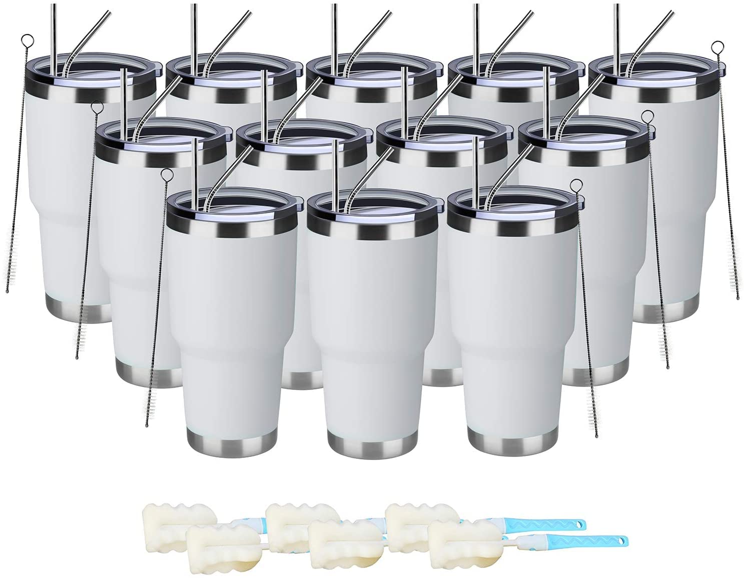 MEWAY 30oz Insulated Tumbler With Lids and Straws,Stainless Steel Double Vacuum Coffee Tumbler Cup, Brush, Durable Powder Coated Coffee Cup for Cold & Hot Drinks, Office, Travel(White,12 PACK)