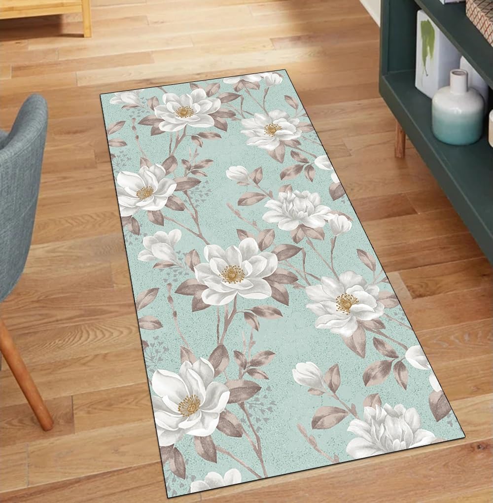Alfombra de cocina y pasillo antideslizante por metros azul claro con flores de 110 x 150 cm
