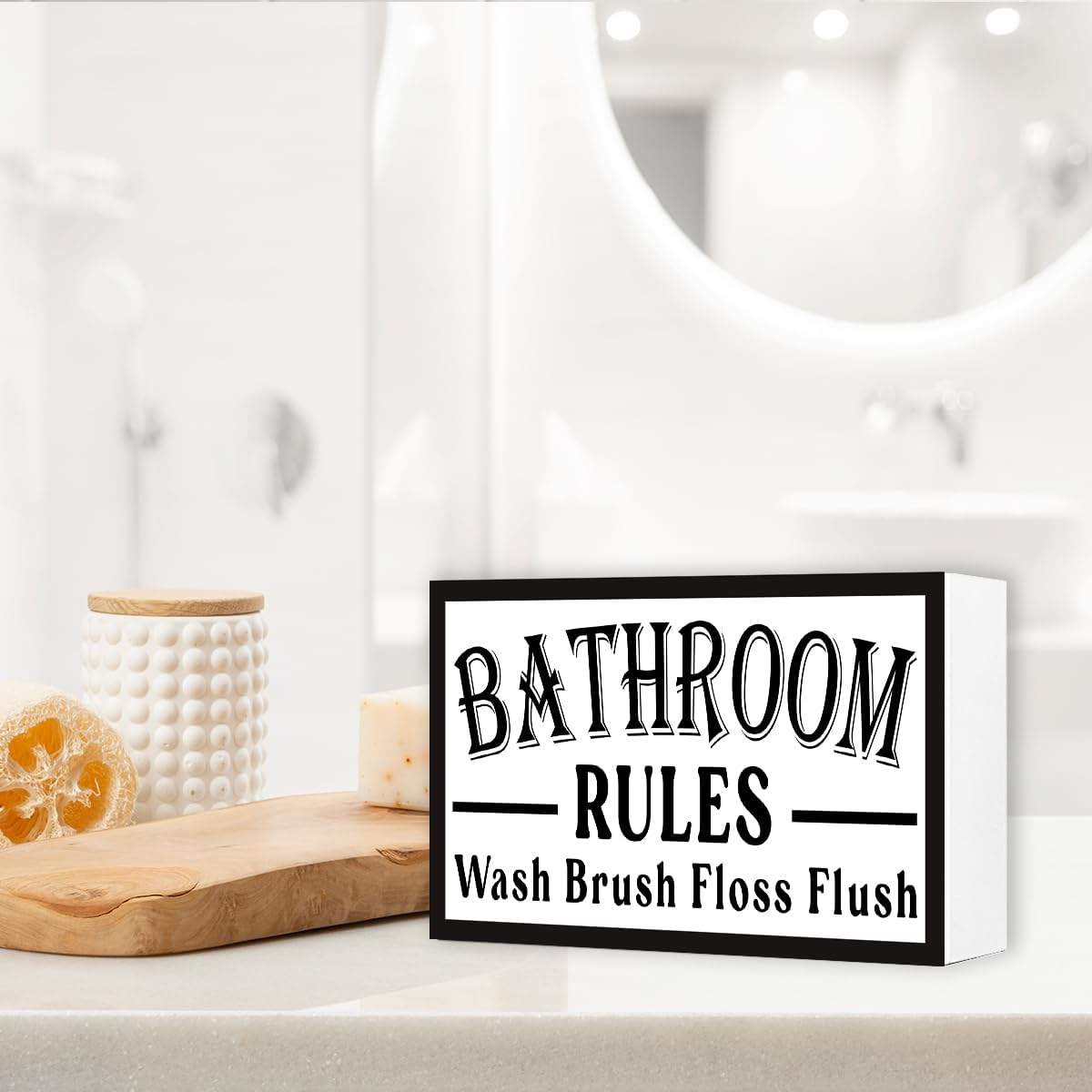 Bathroom Rules Sign Wood Box,Funny Bathroom Wooden Block Sign for Restroom Wash Room Shelves Toilet Shelf Wall Decor 10'' x 6'' image 4
