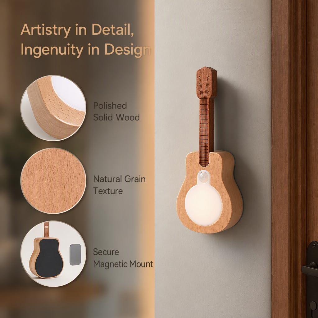 JIUSILIFE Guitar Shape Wooden Night Light with PIR Motion Sensor and Music Player, Type-C Rechargeable Wireless 5 RGB Ambient Lamp for Bedroom Kids Room, Creative Gift for Family Friends,A image 4