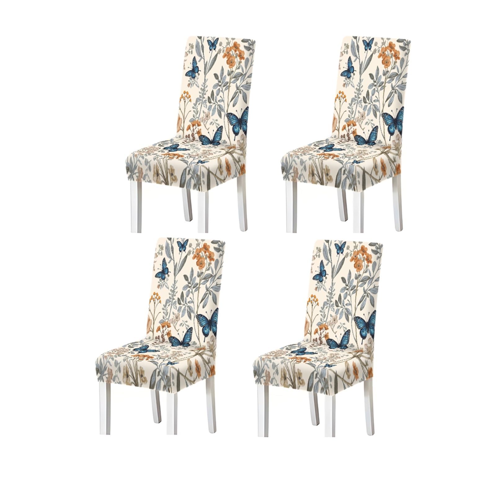 BOSUYBN Vintage Blue Butterfly Wildflower Pattern Print Dining Chair Covers Set Of 2/4/6, Cottage Stretch Slipcovers For Kitchen Dining Room Furniture Protectors for Home Dining Room(4PCSChair cover)
